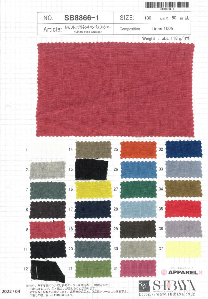 SB8866-1 1/60 French Linen Canvas Washer Processing[Textile / Fabric] SHIBAYA