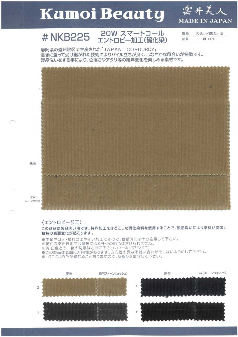 NKB225 20W Smart Corduroy Entropy Processing (Sulfide Dyeing)[Textile / Fabric] Kumoi Beauty (Chubu Velveteen Corduroy)