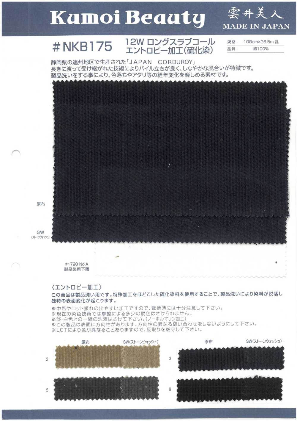 NKB175 12W Long Slab Coal Ten Entropy Processing (Sulfide Dyeing)[Textile / Fabric] Kumoi Beauty (Chubu Velveteen Corduroy)