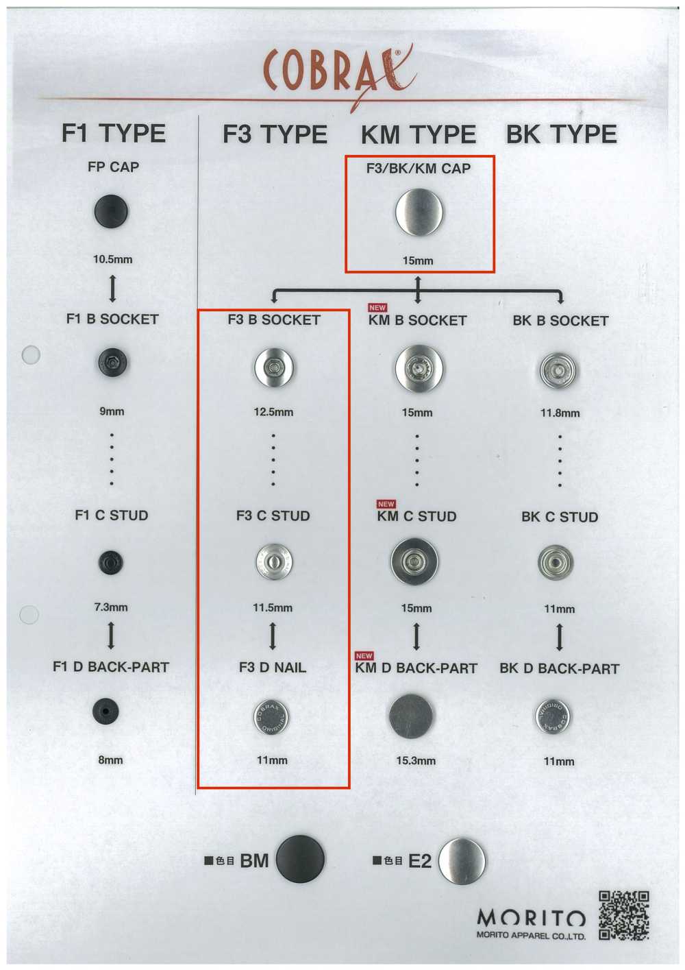 F3-A/B/C/D COBRAX® F3 4SET(CAP/SOCKET/STUD/POST)[Press Fastener/ Eyelet Washer] Morito