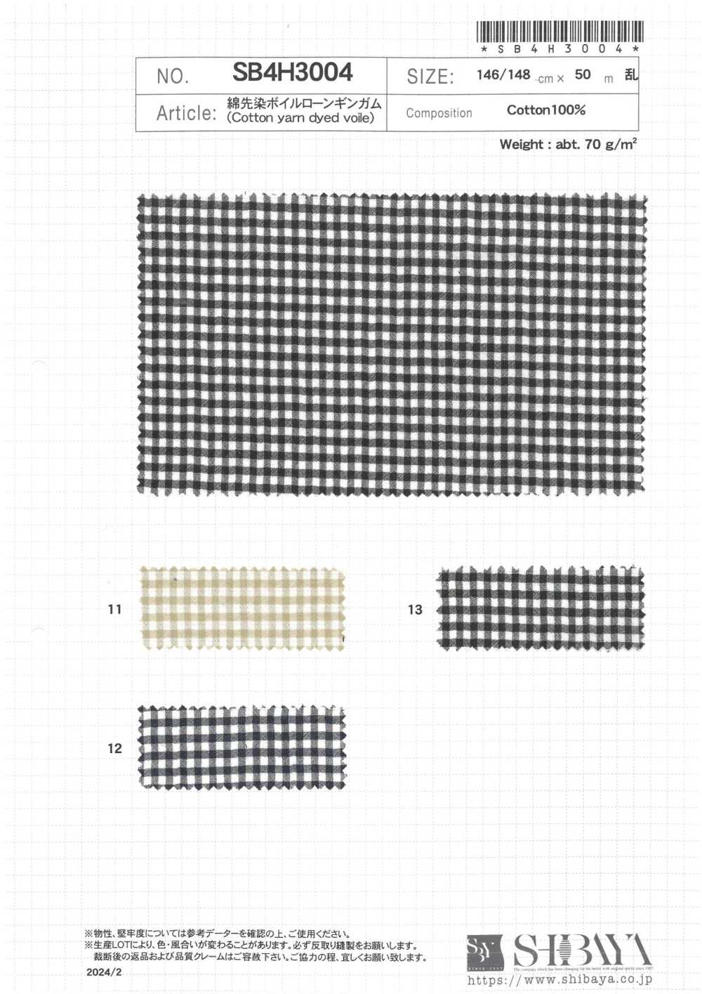 SB4H3004 Cotton Yarn-dyed Voile Lawn Gingham[Textile / Fabric] SHIBAYA