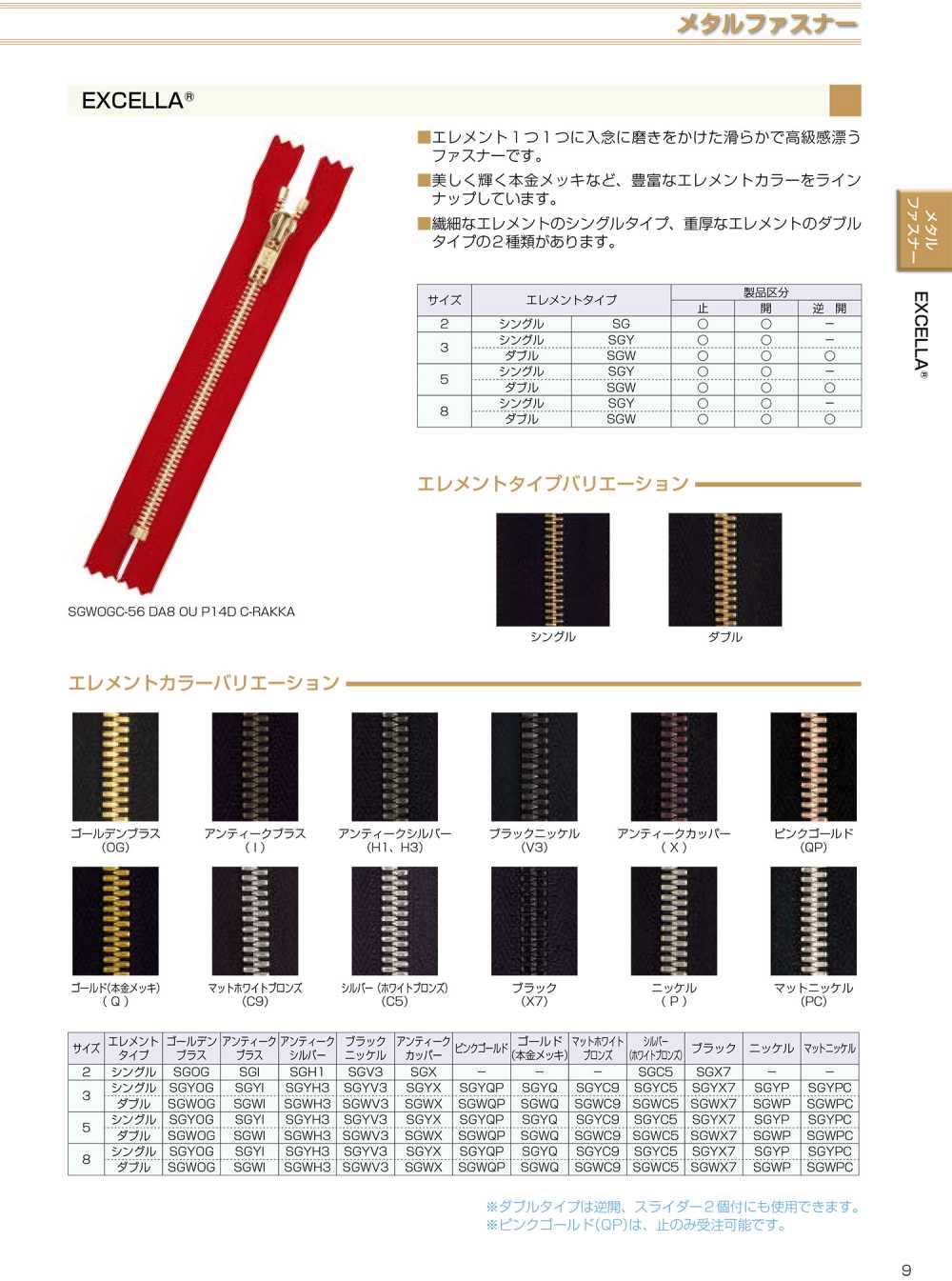 8SGWQC-SLSH-H EXCELLA® Zipper Size 8 Gold (Real Gold) Closed-End Double YKK