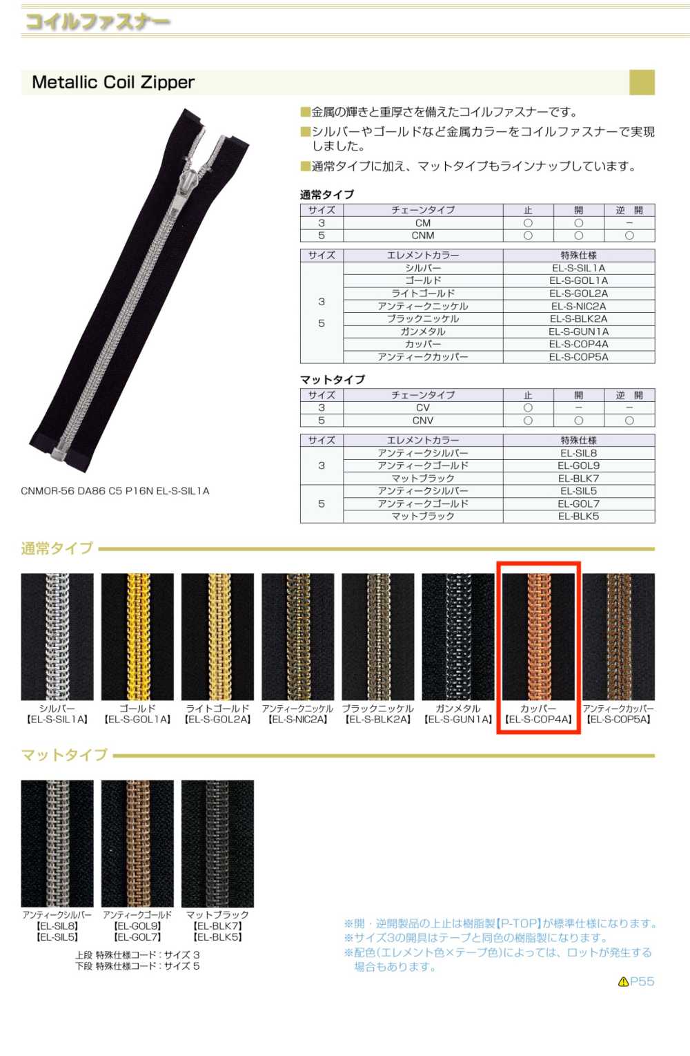 3CNMC-EL-COP4 Metallic Coil Zipper, Size 3, Gunmetal Closed End. YKK