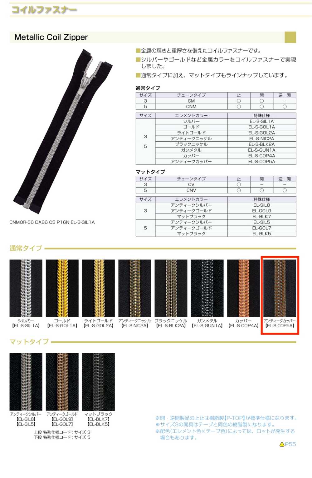 3CNMC-EL-COP5 Metallic Coil Zipper, Size 3, Gunmetal Closed End. YKK