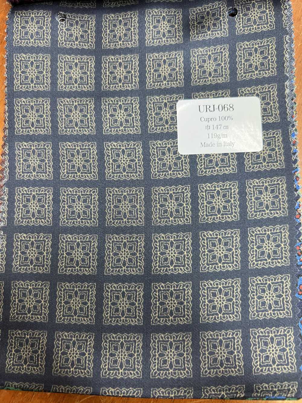 URJ-068 Made In Italy 100% Cupra Printed Lining Base Navy, Pattern Beige TCS