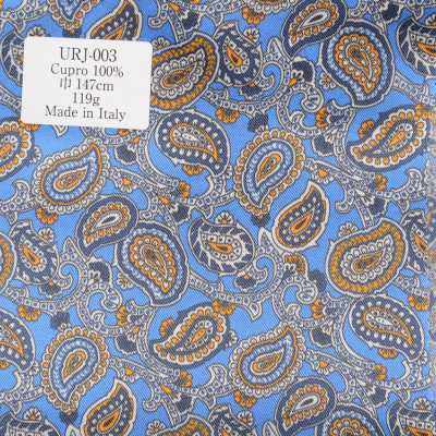 URJ-003 Italian-made 100% Cupro Printed Lining, Blue Paisley Pattern