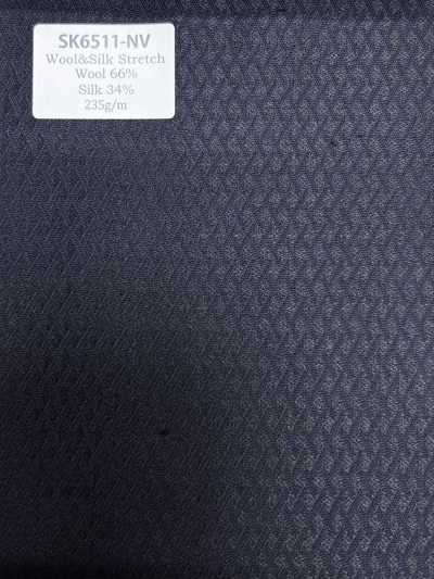 SK6511-NV Made In Japan Silk Wool Stretch Navy Blue Diamond Pattern
