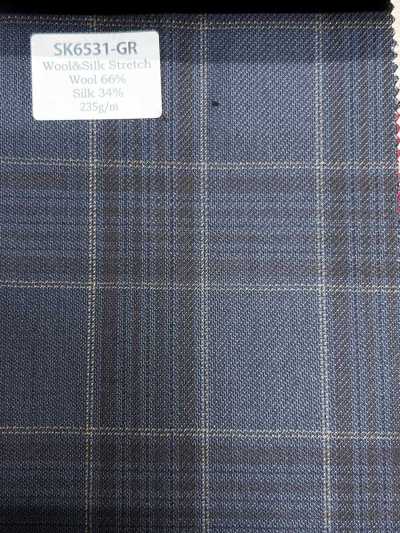 SK6531-GR Made In Japan Silk Wool Stretch Green Check