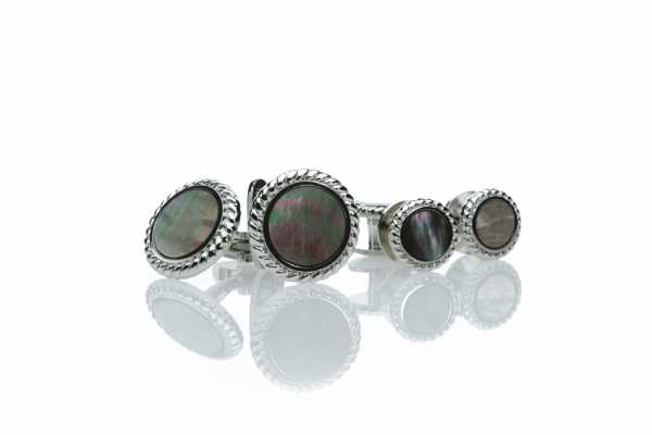 A-2 Sterling Silver Formal Cufflinks & Stud Set Black Mother-of-Pearl Silver Round