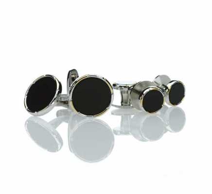CB-1 Formal Cufflinks & Stud Set Onyx Gold & Silver Round