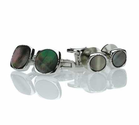 K-2 Sterling Silver Formal Cufflinks & Stud Set Black Mother-of-Pearl Silver Rounded Square