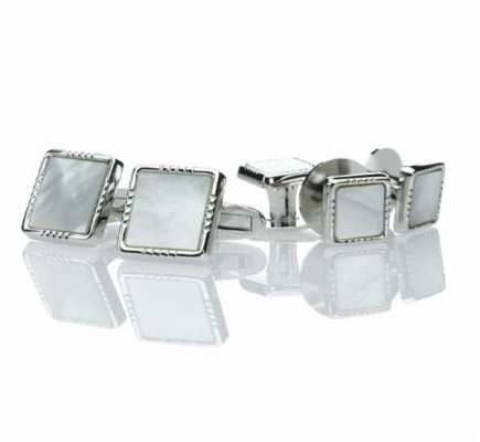 P-3 Pure Silver Formal Cufflinks & Stud Set White Mother-of-Pearl Silver Square