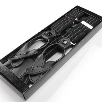 SR-203 Made In Japan Suspenders, Y-Type With Leather Straps, Striped Black